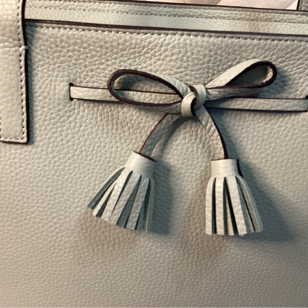 Kate Spade NWT sea foam green pebbled leather tote with bow tie tassel on front - Picture 2 of 15